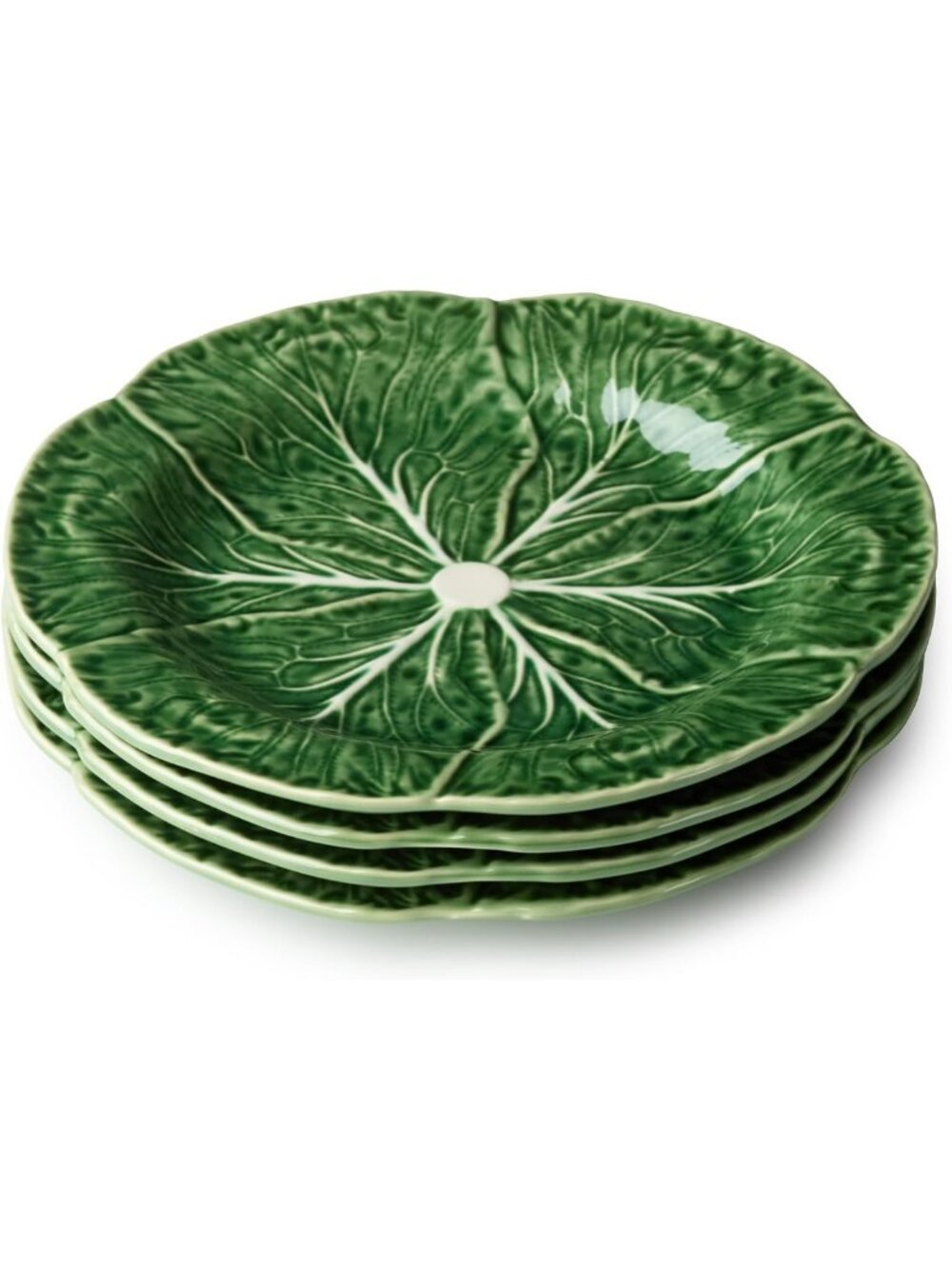 Set of 4 9" Green Cabbage Salad/Dessert Plates - 3D Stoneware Leaf Design